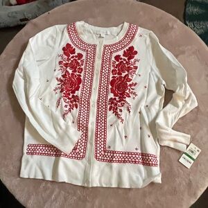 White Cardigan with Red Floral Embroidery